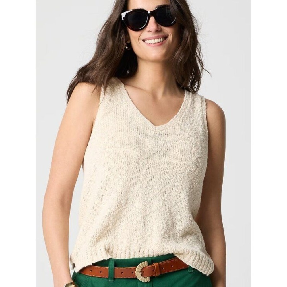 J. Crew V-Neck Beach‎ Sweater Tank XS Cream Knit Summer Chic Preppy Coastal EUC